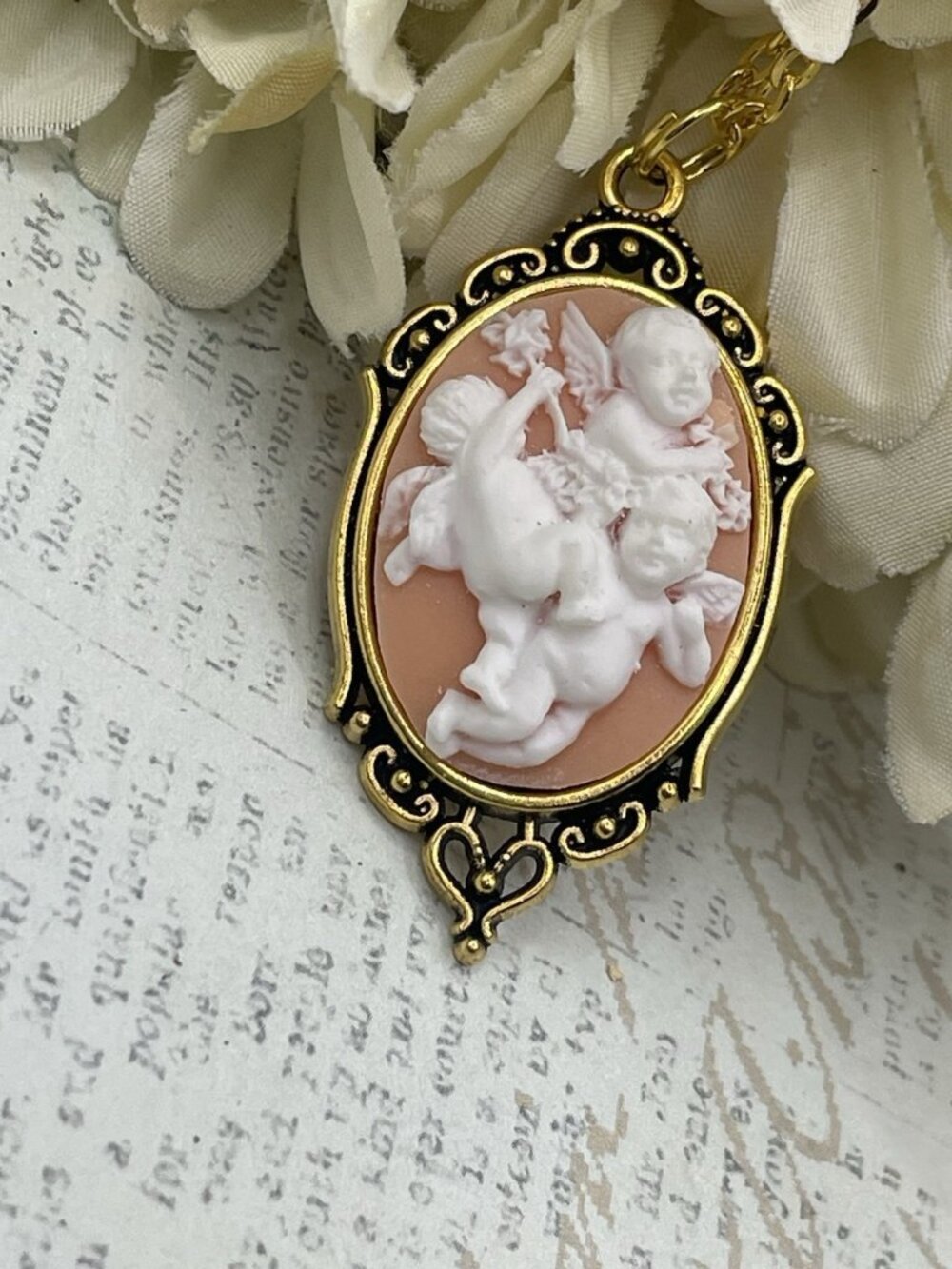 Peach Blush Cherubs Angel Goldtone Necklace Scroll Setting Gift Mom Wedding Wife